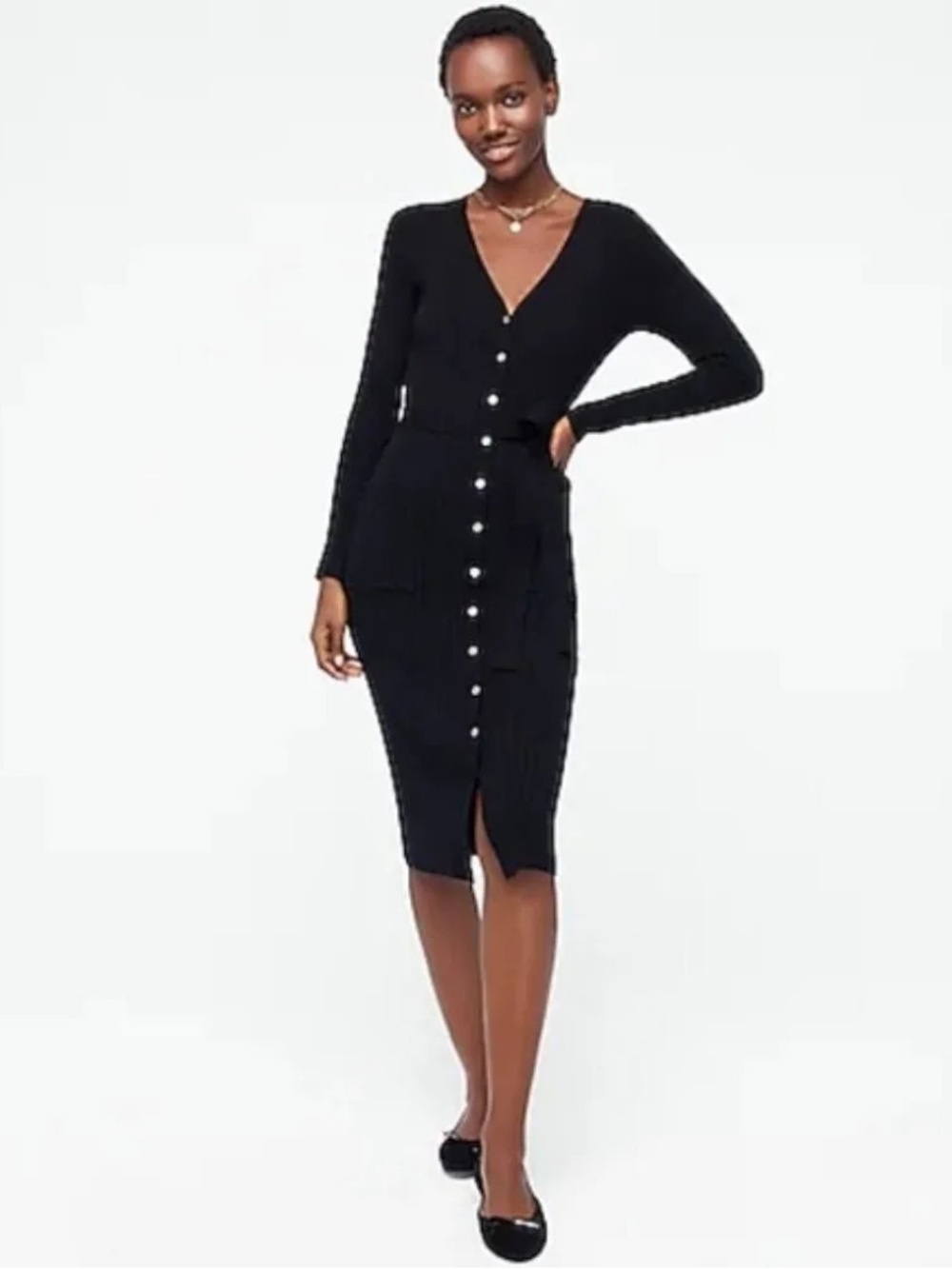 J. Crew Ribbed V Neck Cardigan Midi Sweater Dress Black Small Merino Wool
